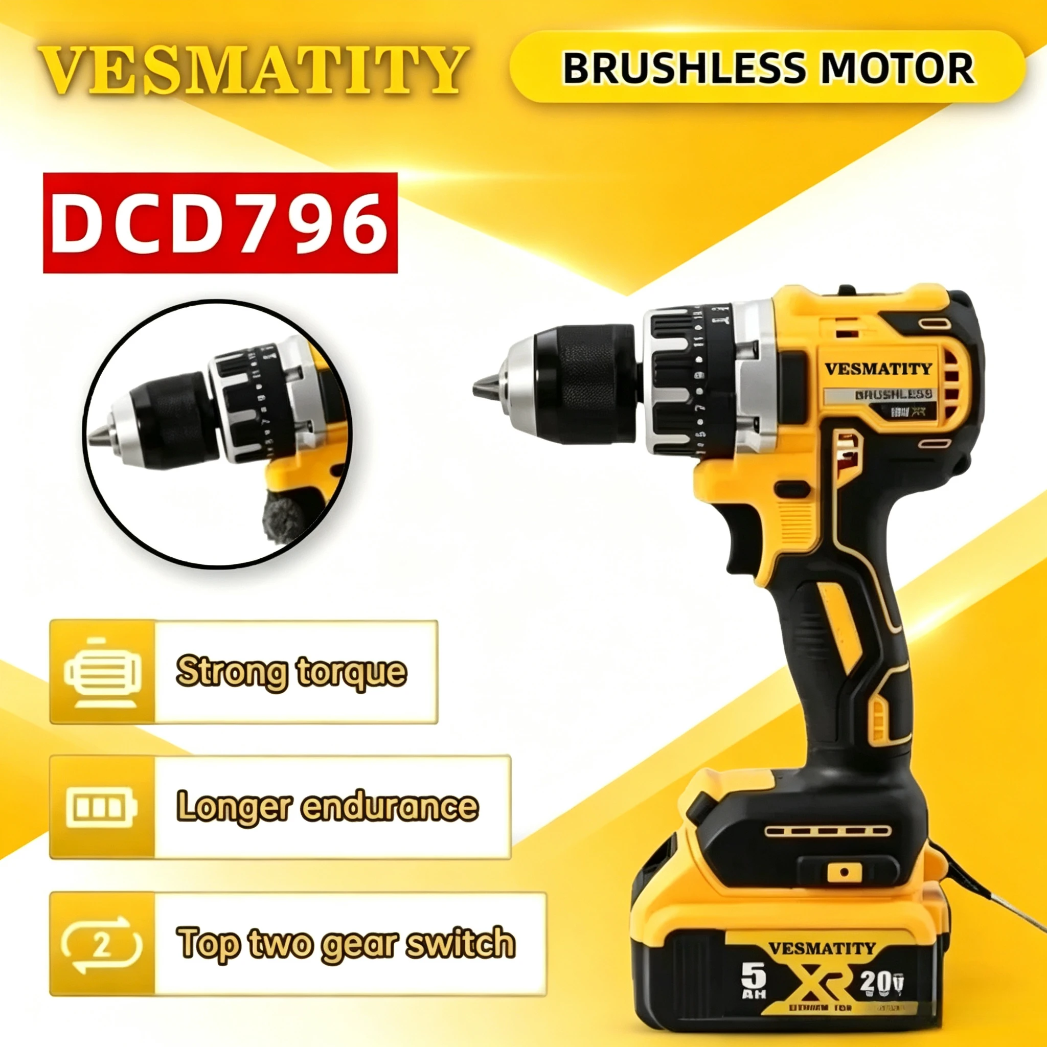 Woodworking Essential Tools - Wiertarko-wkrętarka udarowa bezszczotkowa DCD796, wielofunkcyjny wkrętak